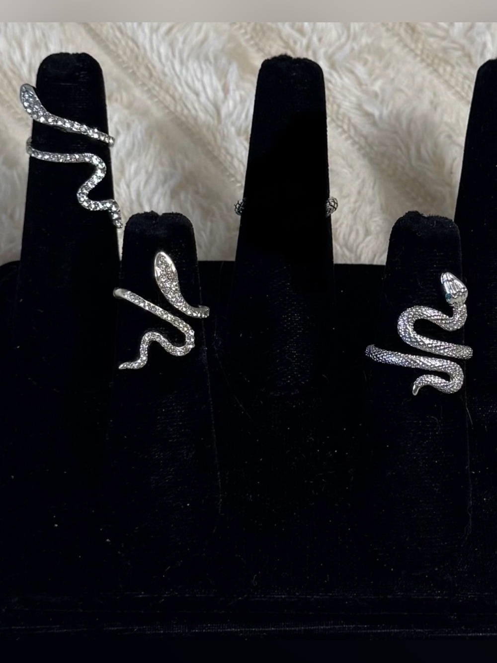 Sterling Silver Plated Snake Rings With Rhinestone Accents Adjustable